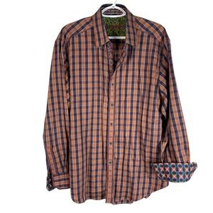 Robert Graham Mens Flip Cuff Dress Shirt Large Orange Blue Plaid ButtonUp Cotton